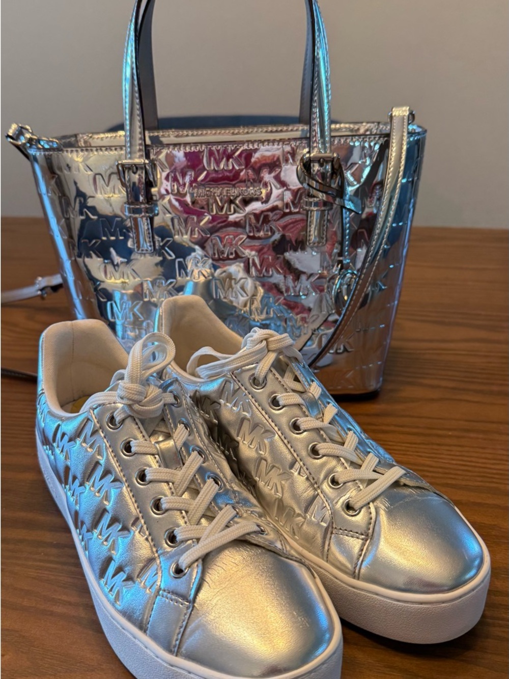 Michael Kors Metallic Silver MK Embossed Tote and Sneakers Set